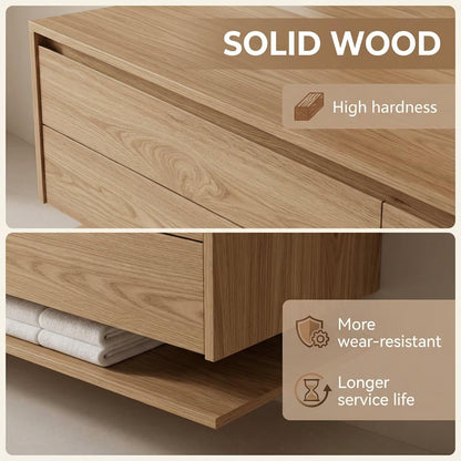 60"-84"Modern Floating Oak Bathroom Vanity with Double Vessel Sinks & LED Smart Mirror