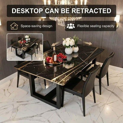56"-96"Luxury Black Marble Dining Table with Gold Inlay & Sturdy Black Wood Base for Dining Room