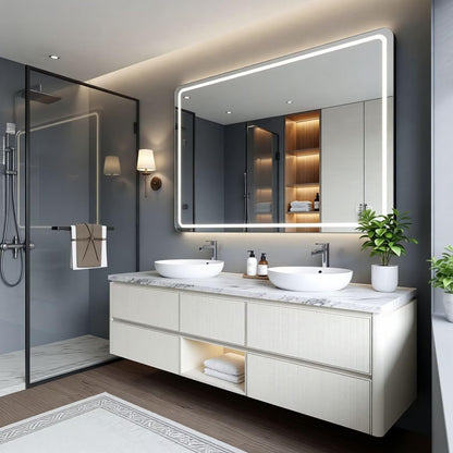 60"-84"Floating White Bathroom Vanity with Marble Top & LED Mirror, Double Vessel Sinks
