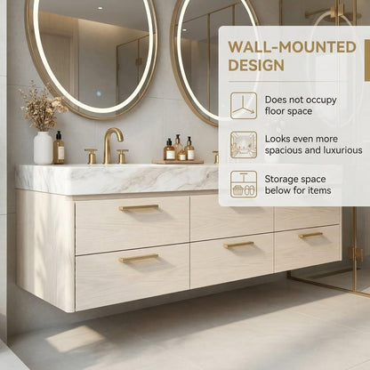 60"-84"Luxury Wall-Mounted Double Sink Vanity with LED Oval Mirrors & Gold Handles