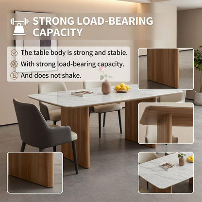 60"-80"Modern White Marble Dining Table Set with 4 Upholstered Chairs, Wood Legs
