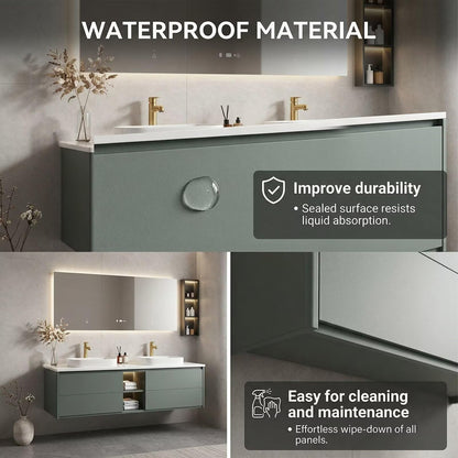 60”-96” Modern Greenish Gray Vanity with Open Shelf & Backlit LED Smart Mirror