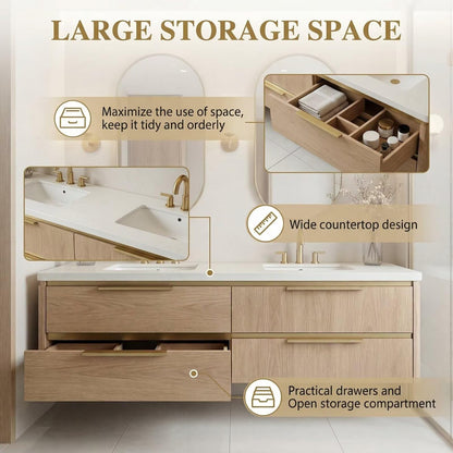 60"-84"Modern Oak Floating Bathroom Vanity with Double Sinks & Gold Oval Mirrors