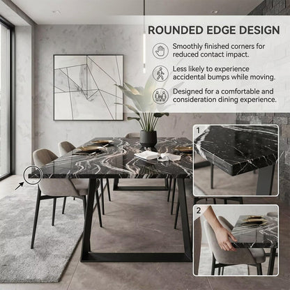 60"-80"Black Marble Dining Table with Black Metal Base, Modern Rectangular Kitchen Table