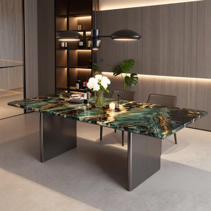 56"-96"Luxury Green Gold Marble Dining Table, Modern Rectangular Kitchen Table with Black Metal Base