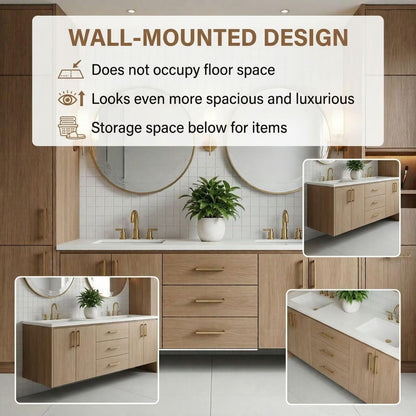 60"-96"Modern Light Oak Floating Bathroom Vanity with Double Sinks & Marble Top