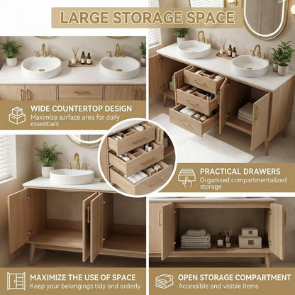 60"-96"Freestanding Oak Bathroom Vanity with Double Vessel Sinks & LED Oval Mirrors