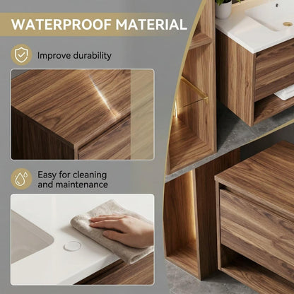 60”-96”Modern Wall-Mounted Bathroom Vanity with Walnut Finish & LED Lighted Mirrors