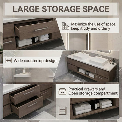 60”-96” Modern Dark Wood Vanity with Double Basins, Storage Drawers & LED Wall Mirrors