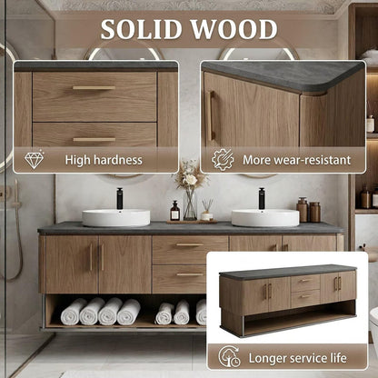 60”-96”Oak Floating Double Sink Vanity with LED Oval Mirrors & Open Storage