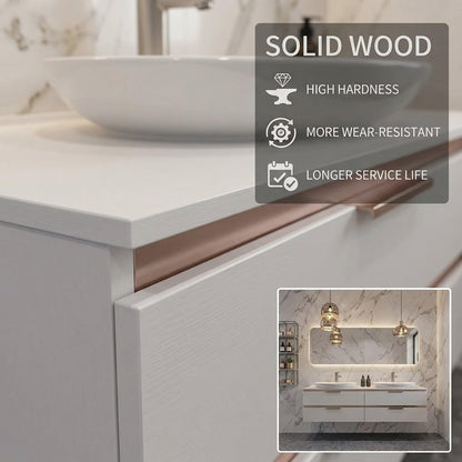 60”-84”Modern Double Sink Floating Vanity with LED Mirror, White Cabinet & Rose Gold Trim