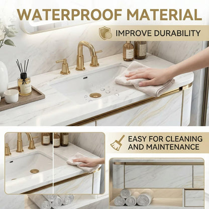 60”-84”Double Sink Bathroom Vanity with LED Lighted Mirrors, Marble Countertop & Gold Trim