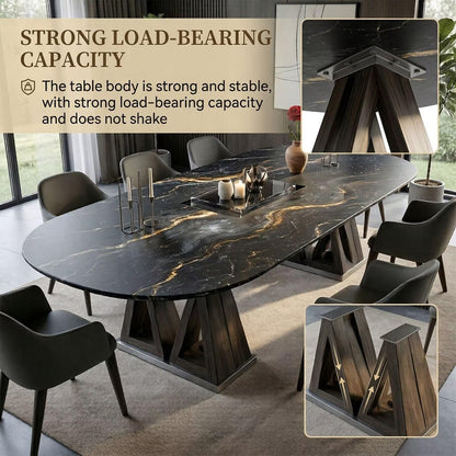 60"-80"Oval Black & Gold Marble Dining Table Set with 8 Chairs, Modern Luxury for Dining Room