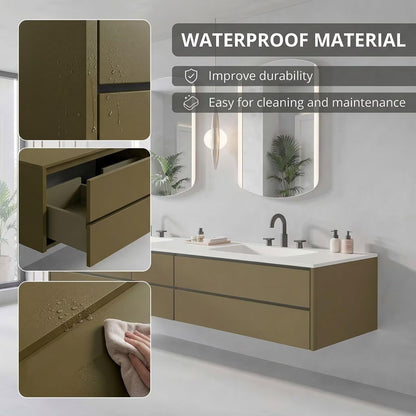 60"-96"Olive Green Floating Bathroom Vanity with Double Sinks & LED Lighted Mirrors