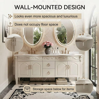 60"-96"White Traditional Bathroom Vanity with Double Sinks & LED Oval Mirrors