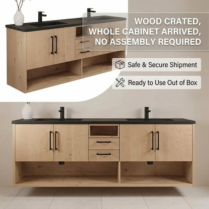 60"-96"Light Oak Bathroom Vanity with Black Countertop, Double Sinks & LED Mirrors