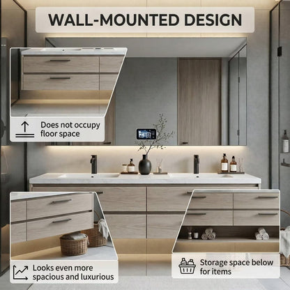 60”-84”Double Sink Floating Vanity with LED Mirror, Light Wood Cabinet & White Stone Top