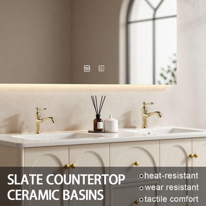60"-84"Floating Cream Bathroom Vanity with Marble Top & LED Backlit Mirror
