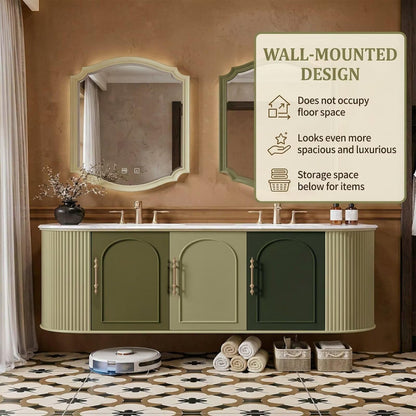 60"-96"Vintage Green Floating Vanity with Double Basins, Storage & Brass Hardware