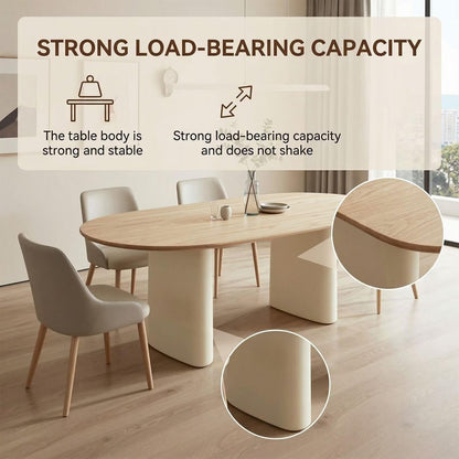 60"-80"Modern Oval Dining Table with Light Wood Top & Cream Base, Seats 4-6
