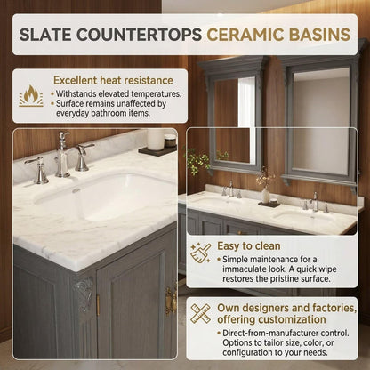 60”-112”Grey Bathroom Vanity with Double Sinks, Marble Countertop and Storage Cabinets