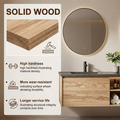 60”-84”Double Sink Floating Bathroom Vanity with LED Round Mirrors, Light Wood Cabinet & Stone Top