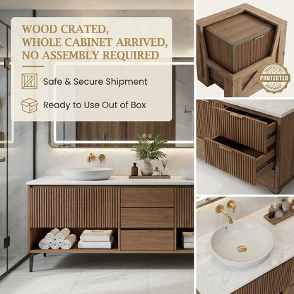 60"-96"Wood Fluted Bathroom Vanity with Double Vessel Sinks & LED Lighted Mirror