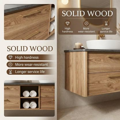 60”-96” Light Oak Floating Bathroom Vanity with Double Sinks & LED Oval Mirrors
