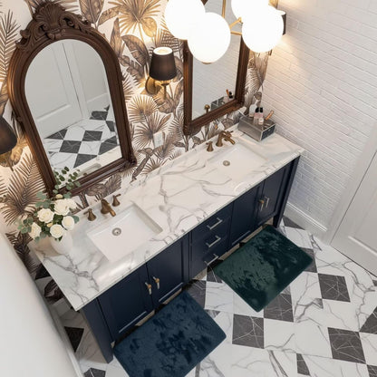 60”-96”Navy Blue Double Sink Bathroom Vanity with Marble Top & Arched Mirrors