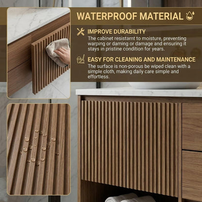 60"-96"Dark Walnut Floating Bathroom Vanity with Fluted Doors & LED Mirrors