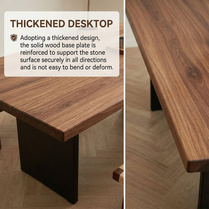 60"-80"Rectangular Walnut Dining Table with Black Metal Legs & Woven Bench, Mid-Century Style