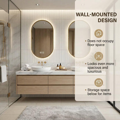 60"-96"Modern Wall-Mounted Vanity with Marble Top & Gold Hardware & Soft-Close Drawers