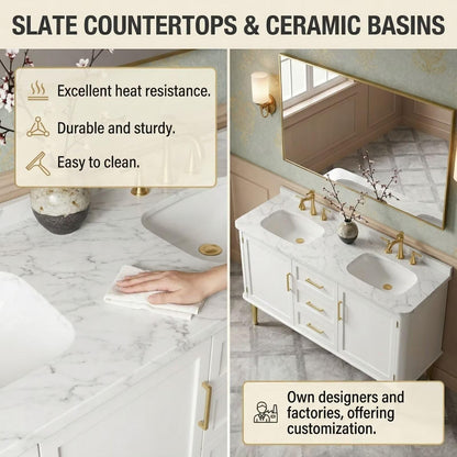60"-96"Luxury Freestanding Vanity, White Cabinet with Gold Handles & Marble Countertop