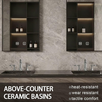 60"-84"Luxury Modern Bathroom Vanity with Black Stone Top & Smart Storage Mirrors