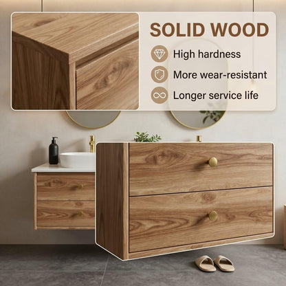 60"84"Modern Floating Oak Bathroom Vanity with Double Sinks & Gold Framed Oval Mirrors