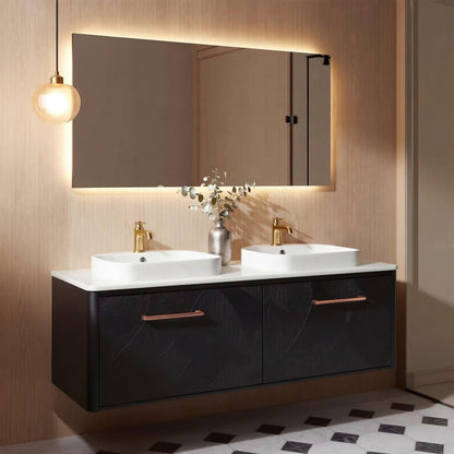 60”-96”Floating Black Bathroom Vanity with Double Sinks, Marble Top & LED Mirror