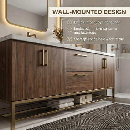 60"-96"Modern Dark Wood Bathroom Vanity with Double Sinks & Arched Mirrors
