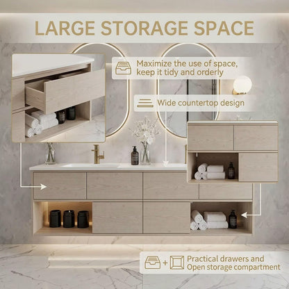 60”-96”Modern Wall-Mounted Vanity with Open LED Shelf & Marble-Look TopModern Wall-Mounted Vanity with Open LED Shelf & Marble-Look TopModern Wall-Mounted Vanity with Open LED Shelf & Marble-Look Top