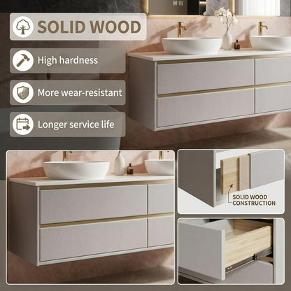 60"-84"Floating Linen Bathroom Vanity with Double Vessel Sinks & LED Arched Mirrors