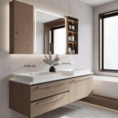 60”-96”Light Oak Floating Double Sink Vanity with LED Lighted Mirror Cabinet