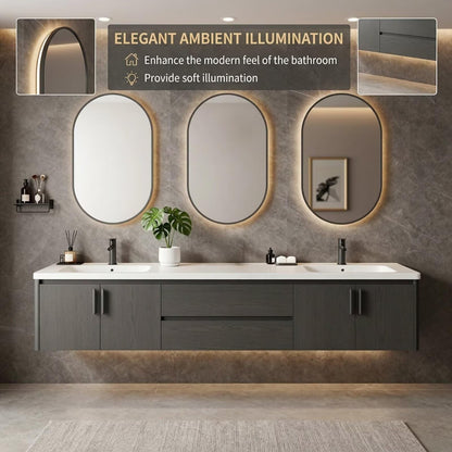 60"-96"Dark Gray Floating Bathroom Vanity with Double Sinks & LED Oval Mirrors