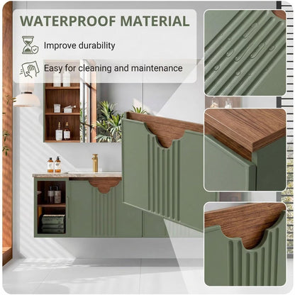 60"-96"Sage Green Floating Bathroom Vanity with Double Sinks & Matching Medicine Cabinet