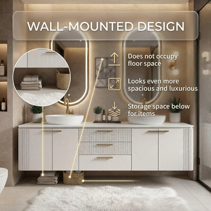 60"-84"Floating Bathroom Vanity with Double Sink, LED Oval Mirror & Reeded Cabinet Doors