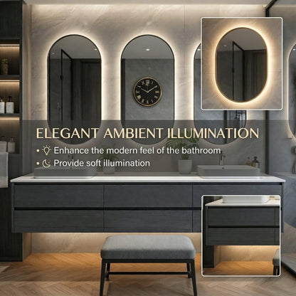 60"-96"Modern Dark Grey Floating Bathroom Vanity with Double Sinks & LED Oval Mirrors