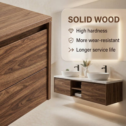 60"-84"Modern Walnut Floating Bathroom Vanity with Double Vessel Sinks & Marble Top