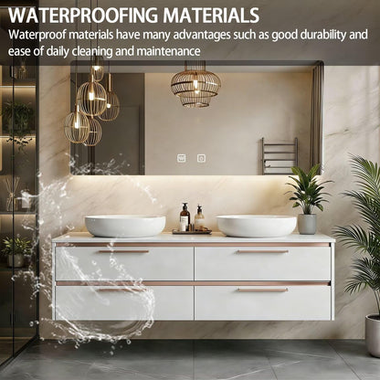 60"-84"Floating White Bathroom Vanity with Double Vessel Sinks & LED Mirror