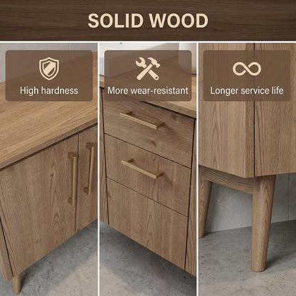 60”-96” Double Sink Freestanding Vanity with LED Mirrors, Natural Wood Cabinet & Gold Hardware