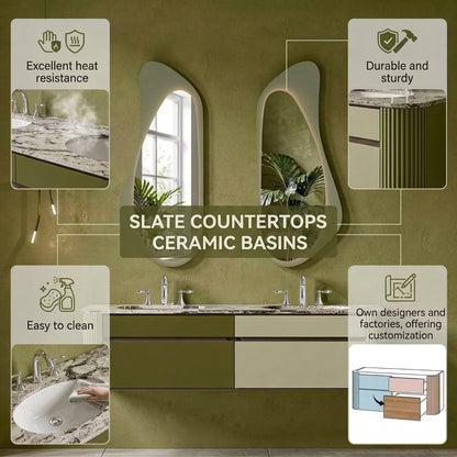 60"-96"Modern Wall-Mounted Bathroom Vanity with Marble Top & Fluted Side Panels