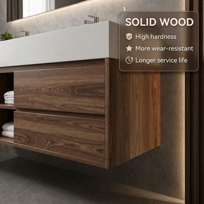 60"-84"Dark Walnut Floating Bathroom Vanity Set with LED Mirror & Open Shelves