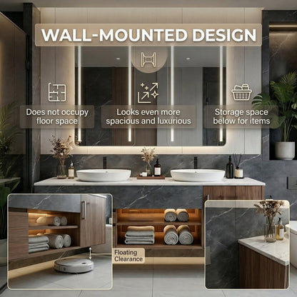 60”-96”Modern Floating Bathroom Vanity with Marble Top, LED Open Shelf & Smart Mirror